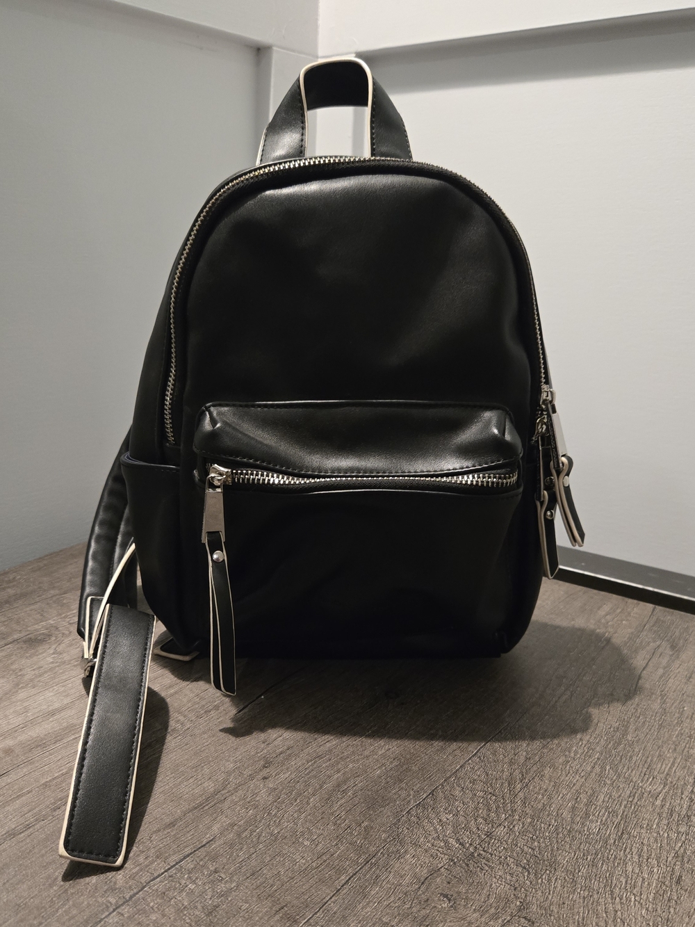 French Connection Faux Leather Mini Black Adjustable Backpack W Navy Lining